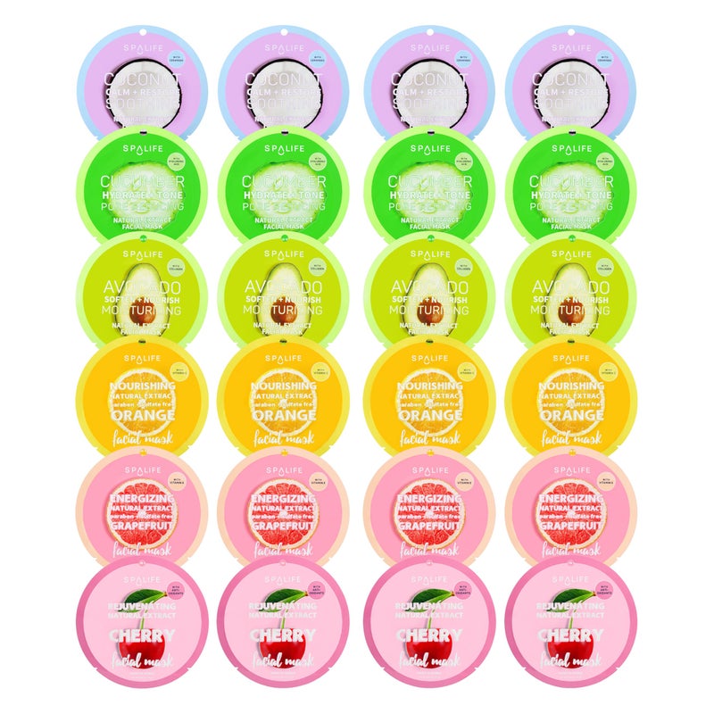 SpaLife Beauty Fruit Facial Sheet Masks 24 Pack  Face Masks Skincare Set  Hydrating Face Masks  6 Natural Fruit Extract Formulas  Orange Grapefruit Coconut Cherry Avodcado Cucumber