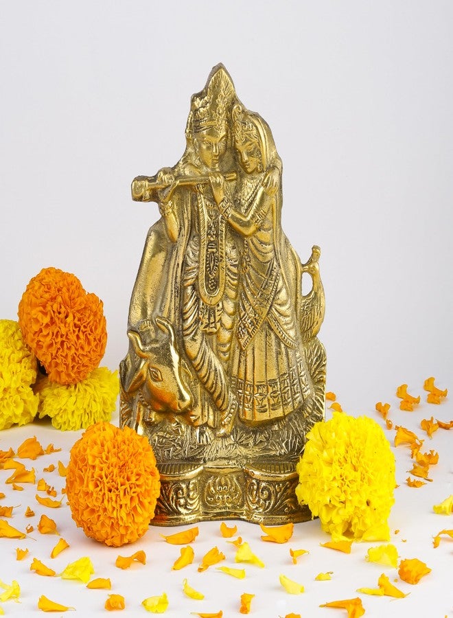 كلاسيك تمثال رادها كريشنا الكلاسيكي مقاس 6.5 بوصة مع بقرة | تمثال ذهبي اللون مزخرف للمنزل والمعبد والمكتب | هدية روحانية لعيد جانماشتامي وديوالي وحفلات الانتقال إلى منزل جديد | نحاس نقي، 460 غرام - Image 1