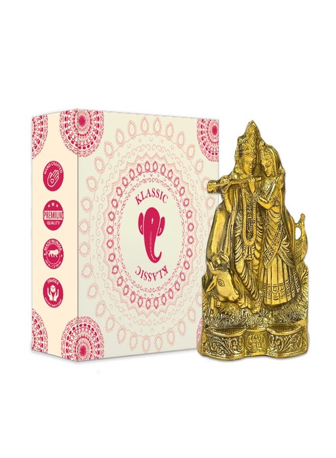 كلاسيك تمثال رادها كريشنا الكلاسيكي مقاس 6.5 بوصة مع بقرة | تمثال ذهبي اللون مزخرف للمنزل والمعبد والمكتب | هدية روحانية لعيد جانماشتامي وديوالي وحفلات الانتقال إلى منزل جديد | نحاس نقي، 460 غرام - Image 2