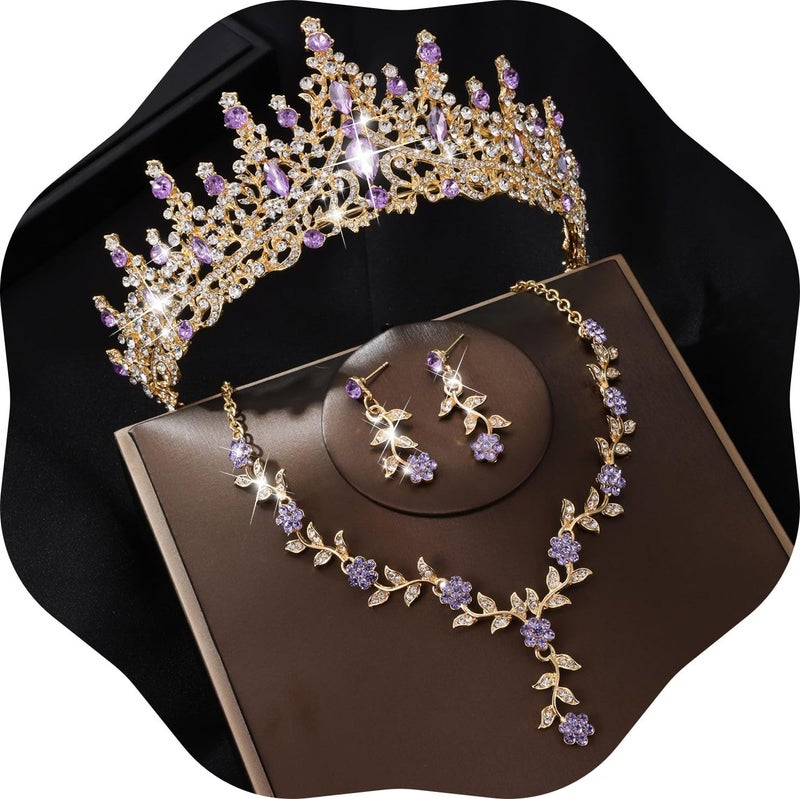 Kamirola Tiaras and Crowns for Women,Tiaras Earrings Necklace, Crystal Bridal Jewelry Set (Gold Purple) - Image 1