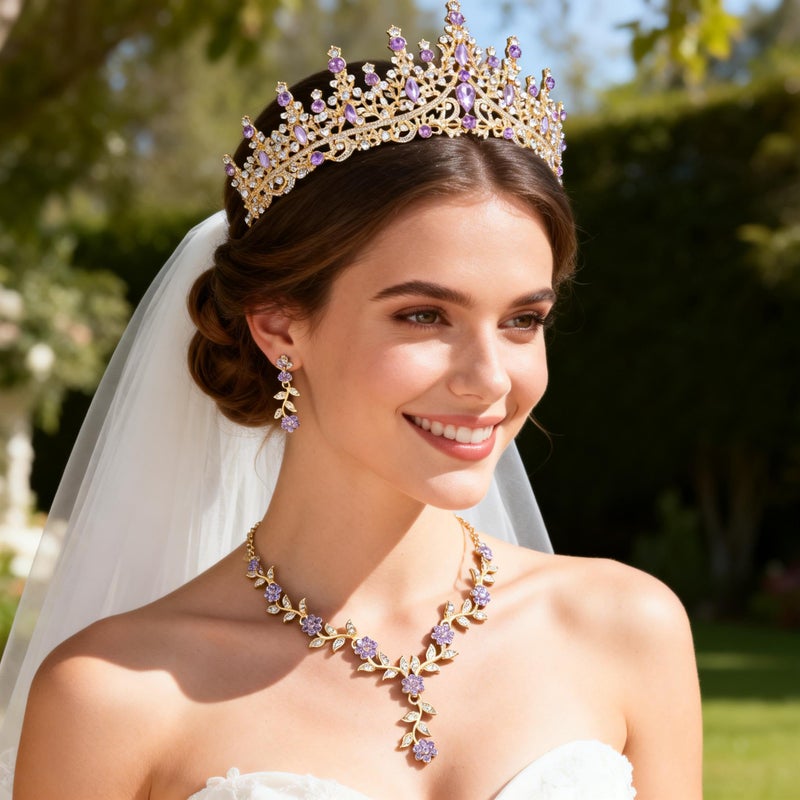 Kamirola Tiaras and Crowns for Women,Tiaras Earrings Necklace, Crystal Bridal Jewelry Set (Gold Purple) - Image 4