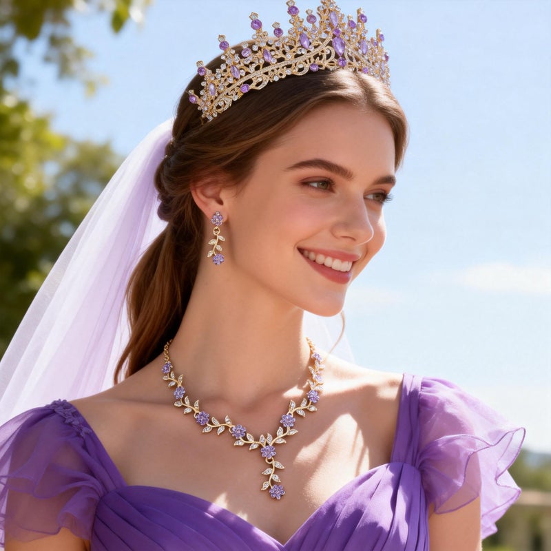 Kamirola Tiaras and Crowns for Women,Tiaras Earrings Necklace, Crystal Bridal Jewelry Set (Gold Purple) - Image 2