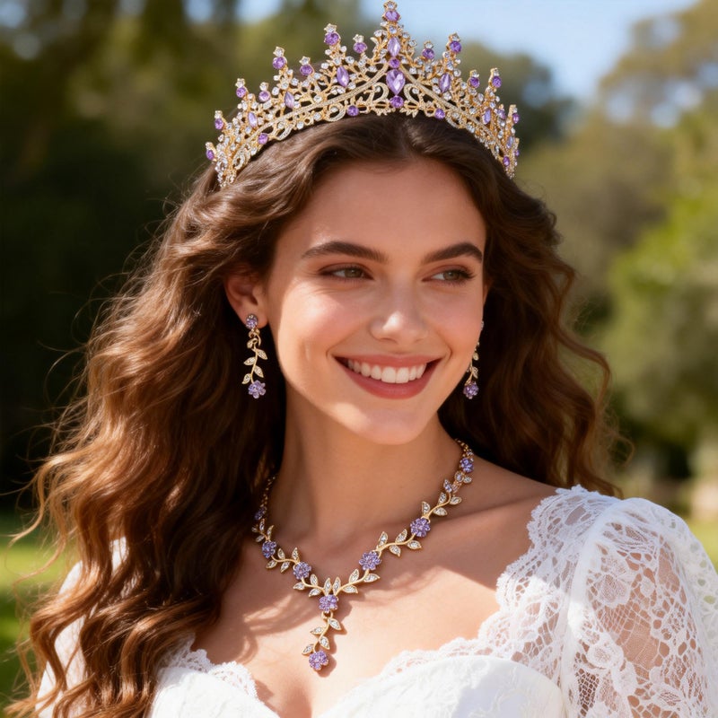 Kamirola Tiaras and Crowns for Women,Tiaras Earrings Necklace, Crystal Bridal Jewelry Set (Gold Purple) - Image 3