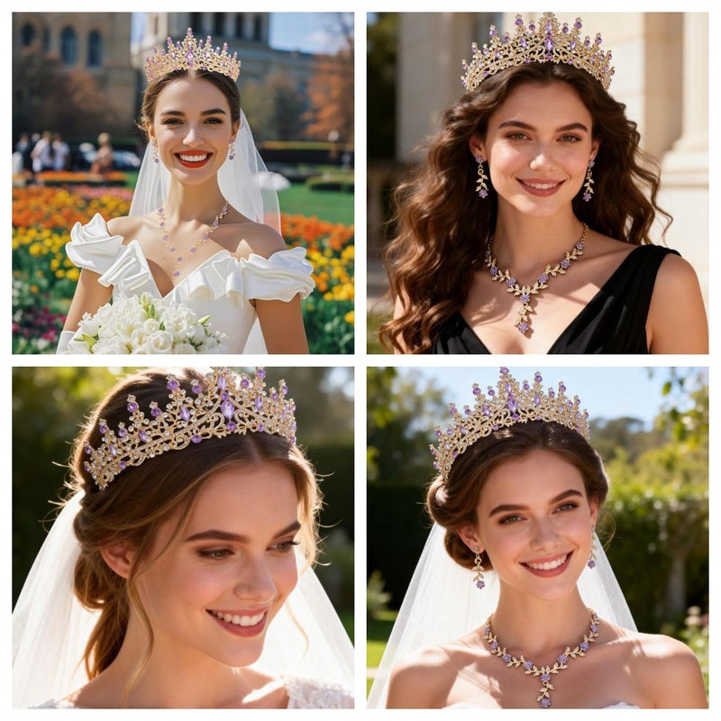 Kamirola Tiaras and Crowns for Women,Tiaras Earrings Necklace, Crystal Bridal Jewelry Set (Gold Purple) - Image 5