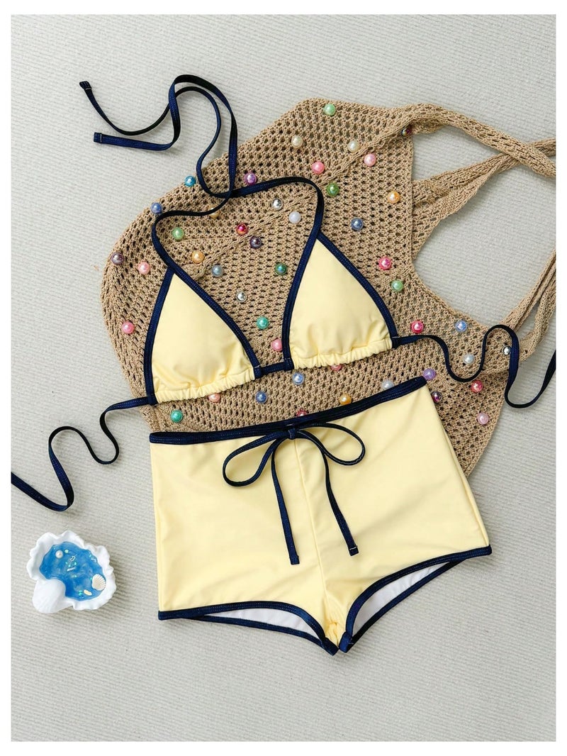 MakeMeChic Women's Polka Dots Triangle Bikini Sets Swim Shorts Y2K Leopard Striped Bathing Suit Swimsuit Yellow Medium - Image 3