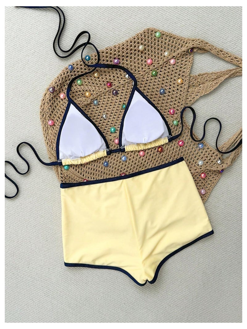 MakeMeChic Women's Polka Dots Triangle Bikini Sets Swim Shorts Y2K Leopard Striped Bathing Suit Swimsuit Yellow Medium - Image 4