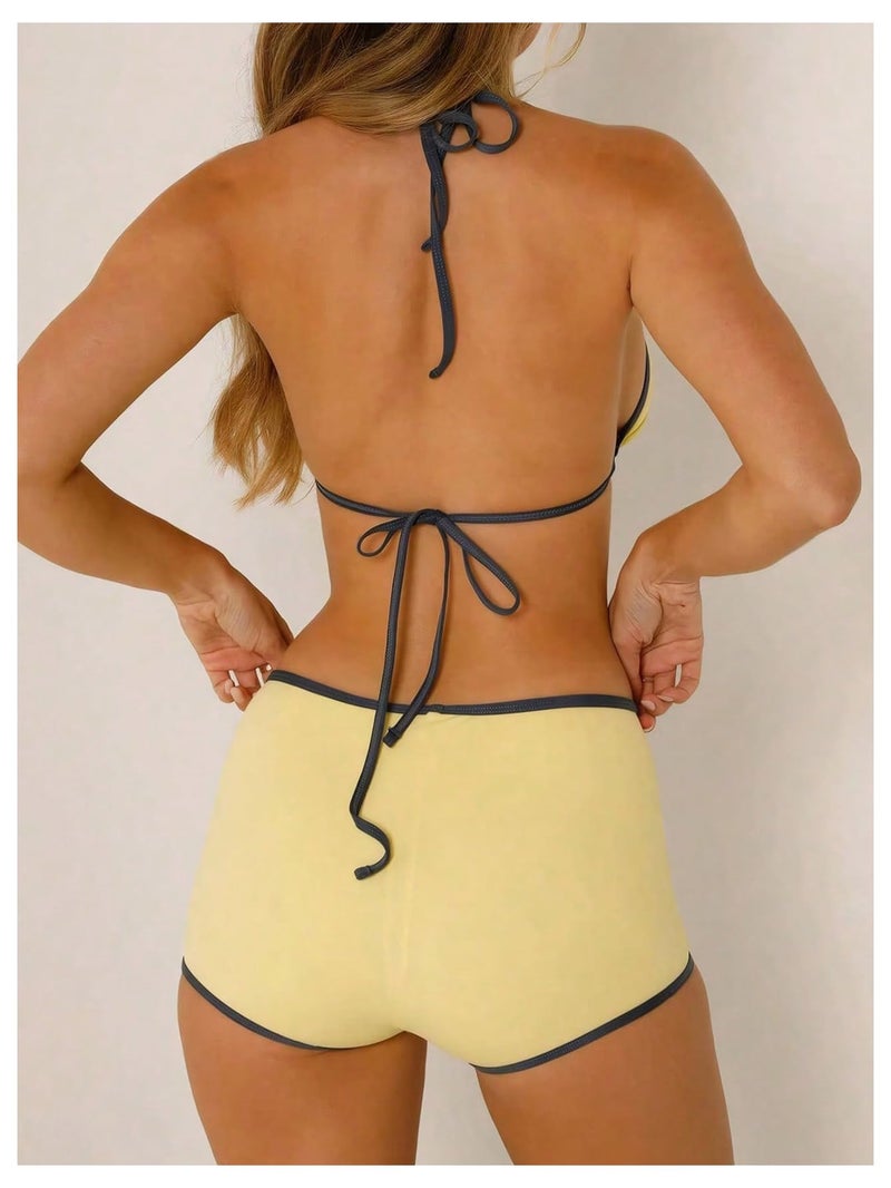MakeMeChic Women's Polka Dots Triangle Bikini Sets Swim Shorts Y2K Leopard Striped Bathing Suit Swimsuit Yellow Medium - Image 2