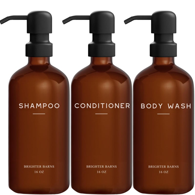 Amber Shampoo and Conditioner Dispenser Set by Brighter Barns  Body Wash and Shampoo Bottles with Pump  Refillable Plastic Shower Dispenser for Modern Bathroom Decor in Vacation Rental Spa Amber