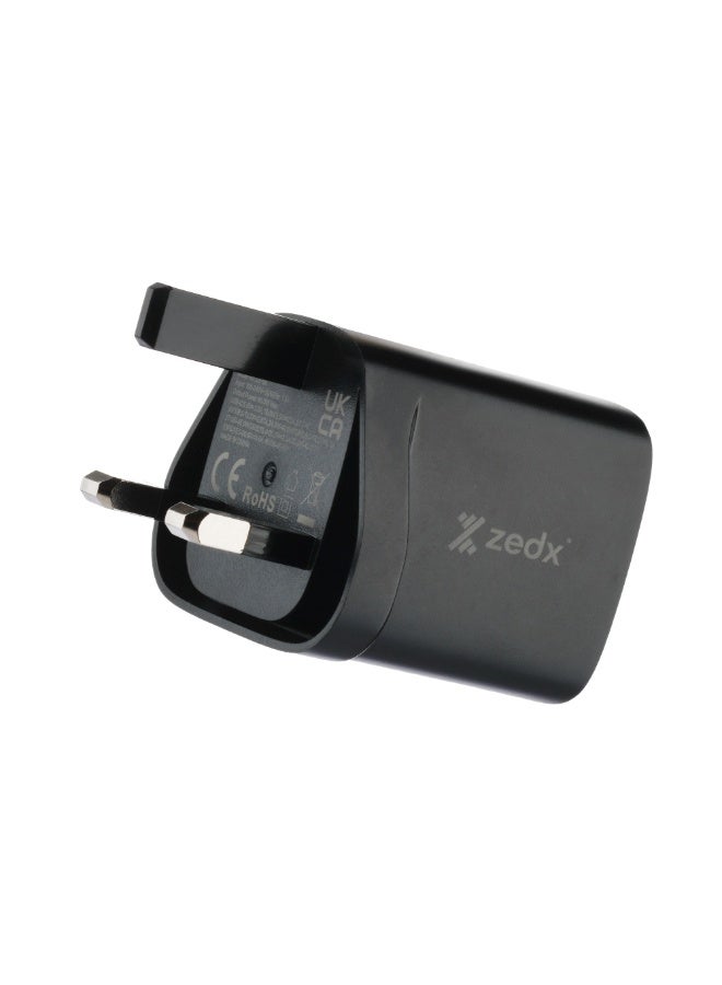 Zedx ZE-07 GaN Wall Charger 35W PD USB-C + 30W QC USB-A Fast Charging Adapter Dual Port Smart Chip UK Plug Black - Image 4