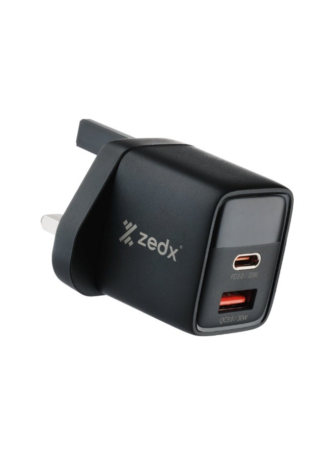 Zedx ZE-07 GaN Wall Charger 35W PD USB-C + 30W QC USB-A Fast Charging Adapter Dual Port Smart Chip UK Plug Black - Image 1