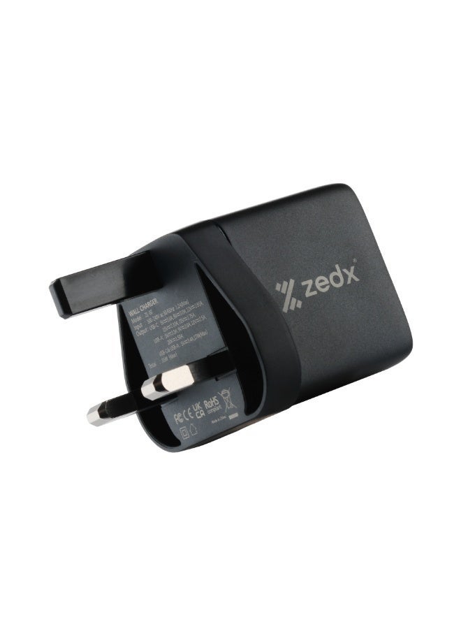 Zedx ZE-07 GaN Wall Charger 35W PD USB-C + 30W QC USB-A Fast Charging Adapter Dual Port Smart Chip UK Plug Black - Image 3