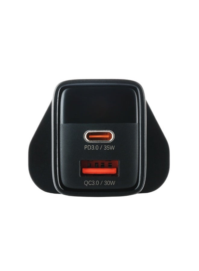 Zedx ZE-07 GaN Wall Charger 35W PD USB-C + 30W QC USB-A Fast Charging Adapter Dual Port Smart Chip UK Plug Black - Image 2