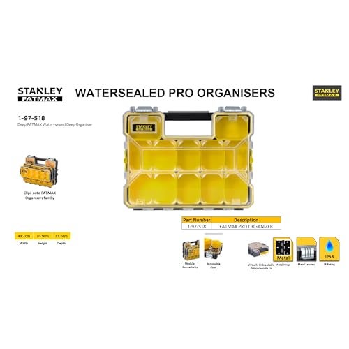 Stanley - FatMax STANLEY FATMAX 1-97-518 10 Compartment Waterproof Deep Professional Organizer With Metal Latches, IP53 Rated Waterseal, 8 Kg Weight Capacity, Transparent Polypropylene Lid, 43.2x10.9x33 cm - Image 5