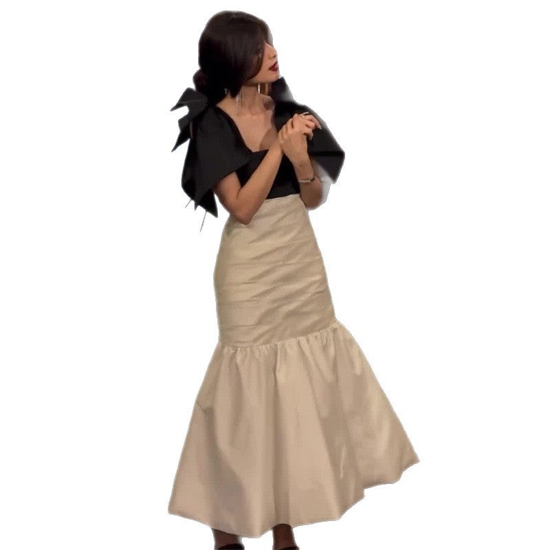 2026 Style Women'S Clothing Black And White Contrasting Elegant Pleated Patchwork Dress - Image 4