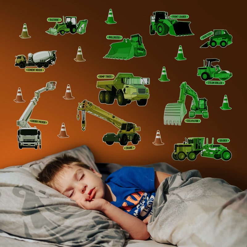 Glow in The Dark Construction Wall Stickers  10 Large Bright Decals for Bedroom Walls and Ceilings  Glowing Sticker Decorations for Girls and Boys Room  Best for Bedtime Adventures