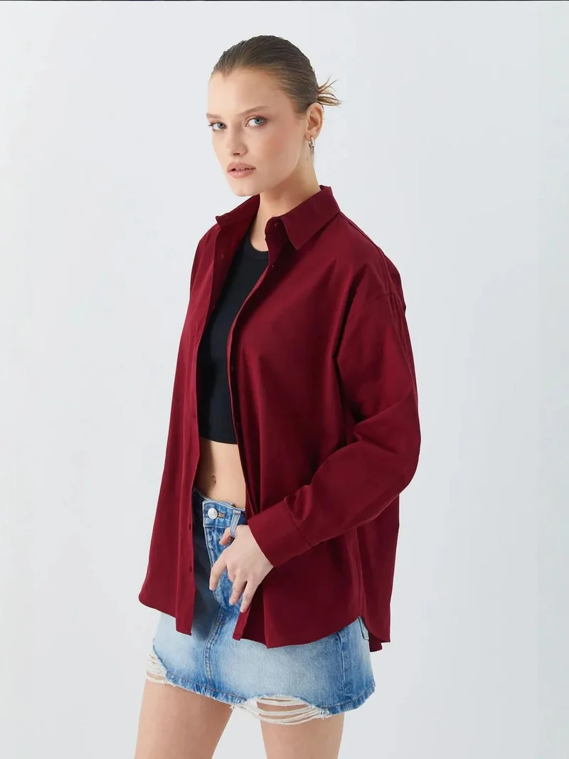 MixRay Burgundy Red Mixray Long Sleeve Cotton Shirt for Women | Best Price UAE