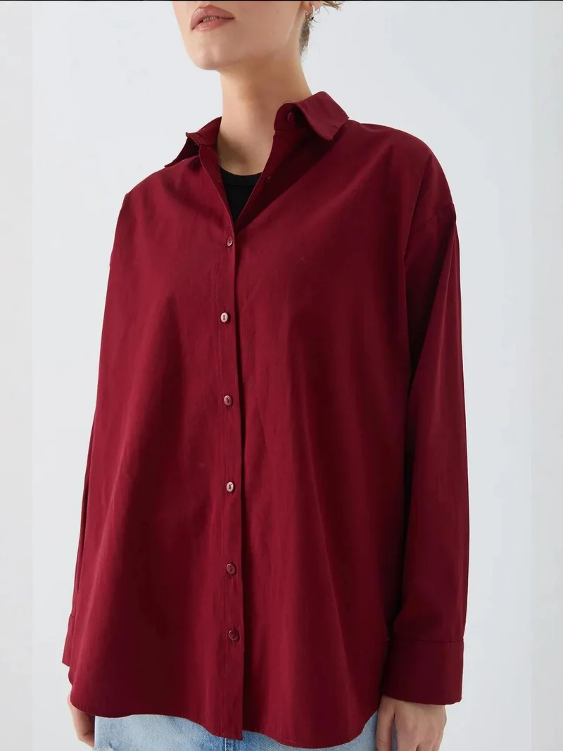 MixRay Burgundy Red Mixray Long Sleeve Cotton Shirt for Women | Best Price UAE
