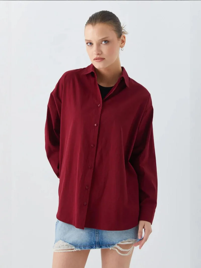 MixRay Burgundy Red Mixray Long Sleeve Cotton Shirt for Women | Best Price UAE