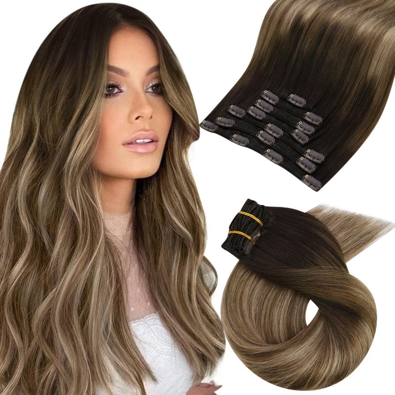 Moresoo Balayage Real Hair Extensions Clip in Human Hair Ombre Remy Double Weft Clip in Human Hair Extensions for Women Dark Brown to Golden Brown with Dark Ash Blonde 7pcs 120g 22inch