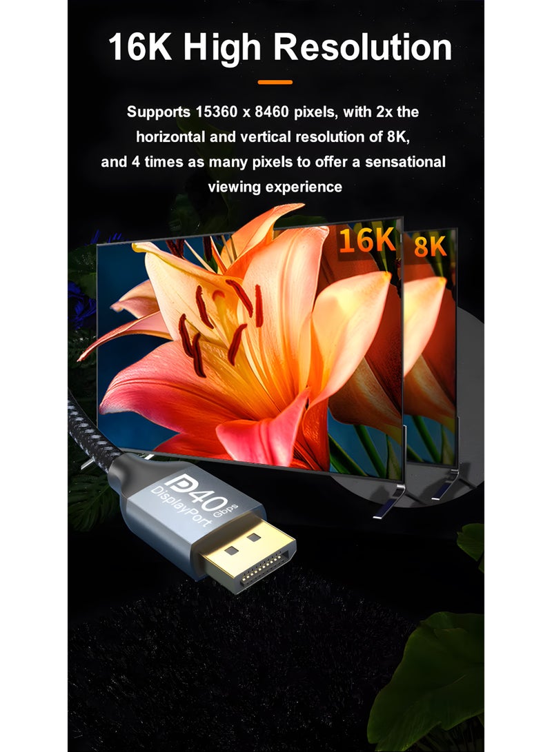 سيزمي ✦ كابل DisplayPort 2.1 [معتمد من VESA] بدقة 16K بجودة حقيقية، بدون قفل (Latch-Free)، تصميم مضفّر | DP40 Pro | سرعة 40Gbps UHBR10 | يدعم 16K / 8K / 4K Ultra HD، 8K@120Hz و4K@240Hz | موصلات مطلية بالذهب | ذكر إلى ذكر | بطول 2 متر، تصميم مضفّر بدون قفل - Image 3