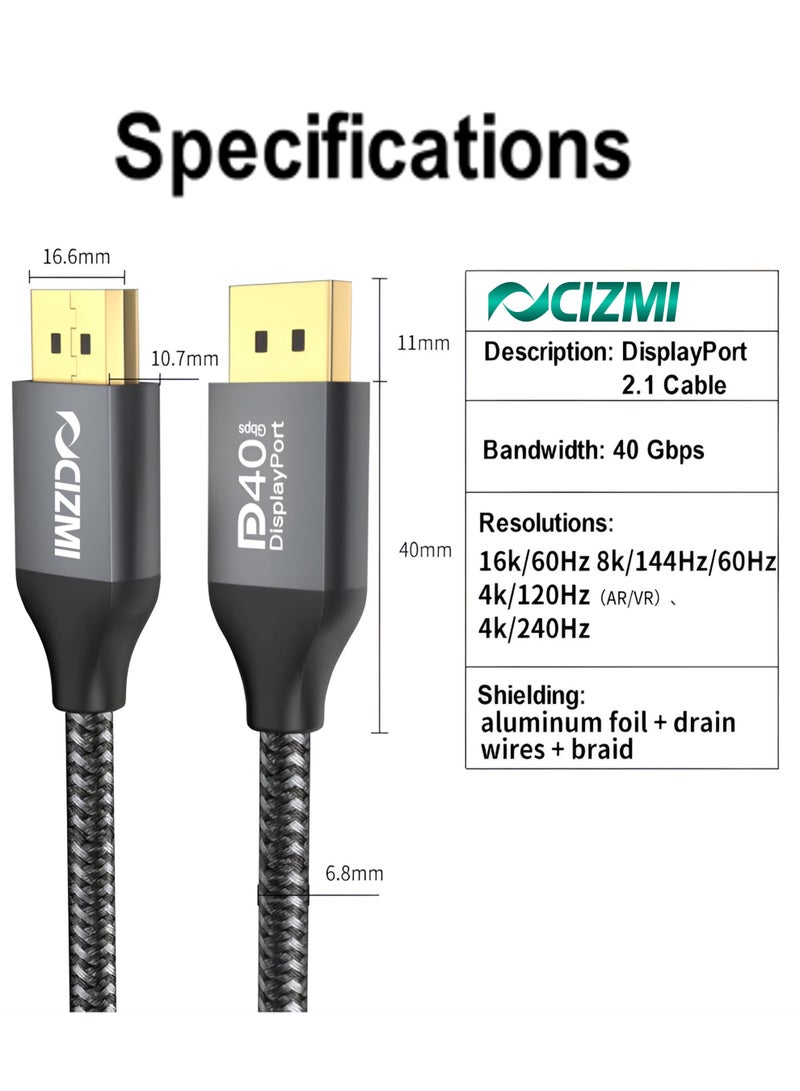 سيزمي ✦ كابل DisplayPort 2.1 [معتمد من VESA] بدقة 16K بجودة حقيقية، بدون قفل (Latch-Free)، تصميم مضفّر | DP40 Pro | سرعة 40Gbps UHBR10 | يدعم 16K / 8K / 4K Ultra HD، 8K@120Hz و4K@240Hz | موصلات مطلية بالذهب | ذكر إلى ذكر | بطول 2 متر، تصميم مضفّر بدون قفل - Image 5