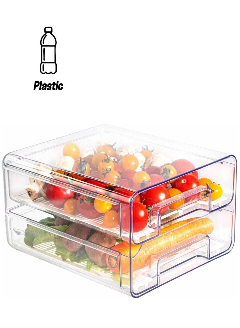 Food Storage Container, Double Layer Food Organizer with Drawer and Removable Drain Tray, Stackable Fridge Organizer for Fruit Vegetables - Image 1