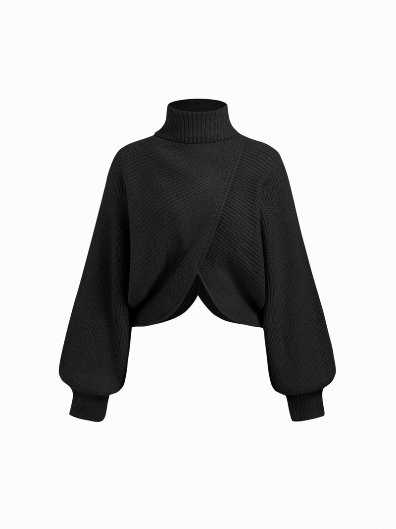 CIDER Cropped Sweaters for Women Turtleneck Sweater Long Sleeve Ribbed Knit Lantern Sleeve Pullover Fall Outfits Black - Image 1