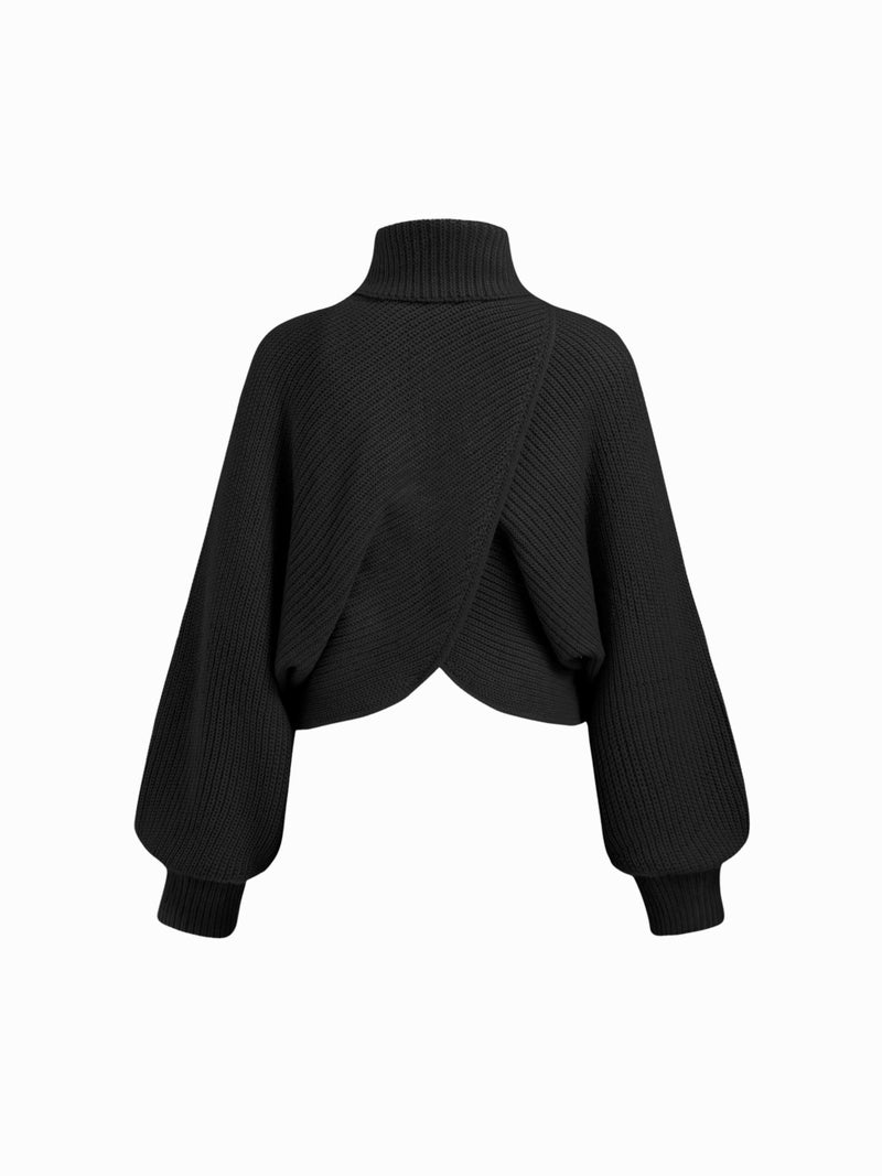 CIDER Cropped Sweaters for Women Turtleneck Sweater Long Sleeve Ribbed Knit Lantern Sleeve Pullover Fall Outfits Black - Image 5