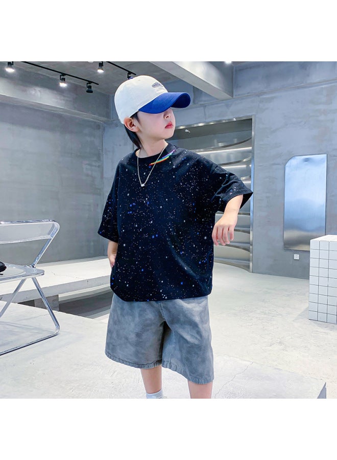 Boys' Summer Clothing, Starry Sky Ink-splashed Short-sleeved Pure Cotton T-shirt,  New Style, Kidsren's Boys' Summer Cool Half-sleeved Top