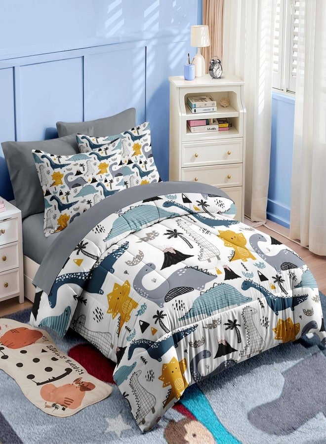 Nesker 5 Pcs Comforter Set Twin Size, Cute Dinosaur Dino Bedding for Kids Teen, Blue Yellow Dragon Bed Sheet with Pillowcase & Sham for Bedroom Bed Decor - Image 4