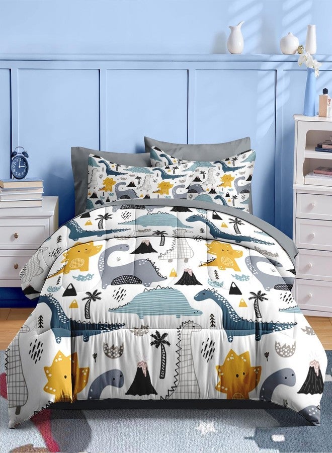 Nesker 5 Pcs Comforter Set Twin Size, Cute Dinosaur Dino Bedding for Kids Teen, Blue Yellow Dragon Bed Sheet with Pillowcase & Sham for Bedroom Bed Decor - Image 2