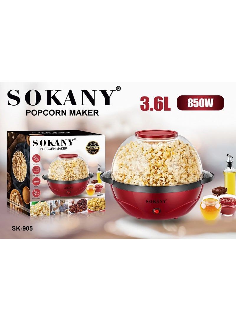 Sokany SK-905 Popcorn Maker 850W 3.6L Large Capacity Popcorn Maker Safe Material Non-Stick Coating - Red - Image 1