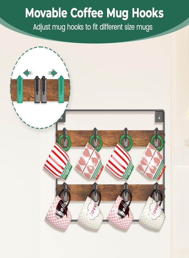 EsLuker.ly Mug Holder Hanger Rack Wall Mounted Wooden 3 Pack Coffee Cup Storage Organizer Display Shelf with 24 Movable Plastic Hooks, Ideal for Mug Collectors - Image 2