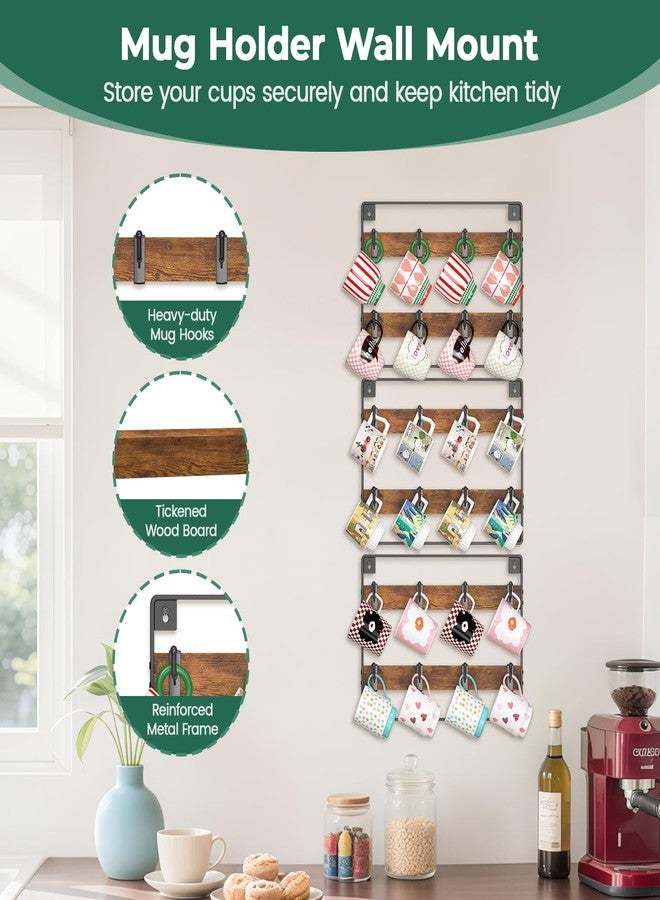 EsLuker.ly Mug Holder Hanger Rack Wall Mounted Wooden 3 Pack Coffee Cup Storage Organizer Display Shelf with 24 Movable Plastic Hooks, Ideal for Mug Collectors - Image 3