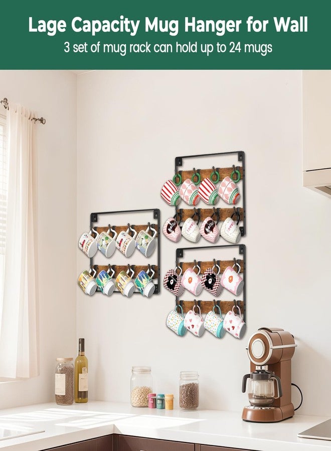 EsLuker.ly Mug Holder Hanger Rack Wall Mounted Wooden 3 Pack Coffee Cup Storage Organizer Display Shelf with 24 Movable Plastic Hooks, Ideal for Mug Collectors - Image 5