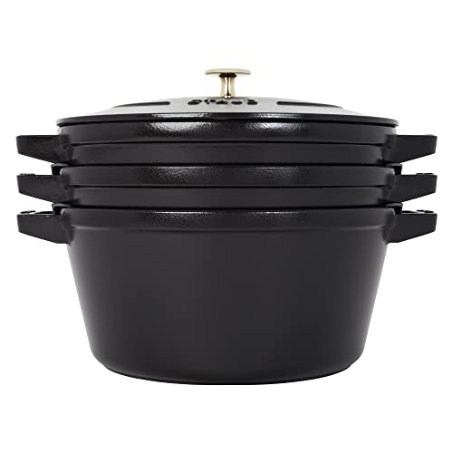 STAUB Cast Iron Set 4-pc, Stackable Space-Saving Cookware Set, Dutch Oven, Skillet, Grill Pan with Universal Lid, Made in France, Matte Black - Image 2