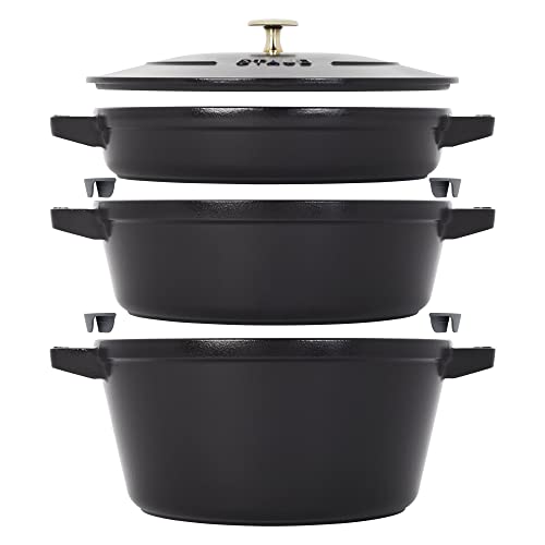 STAUB Cast Iron Set 4-pc, Stackable Space-Saving Cookware Set, Dutch Oven, Skillet, Grill Pan with Universal Lid, Made in France, Matte Black - Image 1
