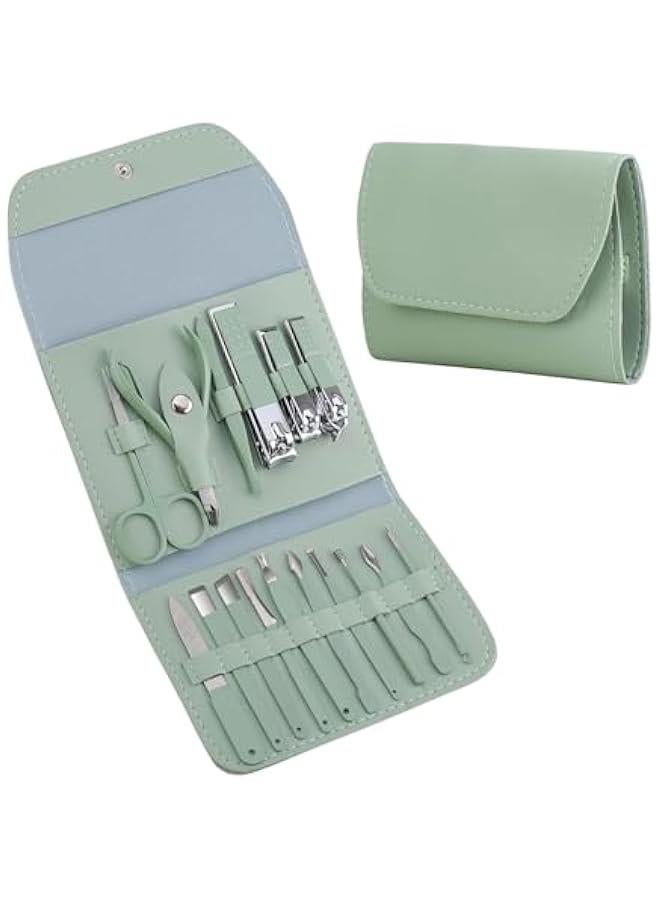 HOOKOR Manicure Set 16 in 1 Stainless Steel, Professional Manicure Kit Nail Clippers Set,Portable Travel Grooming Kit for Men and Women with Green Leather Travel Case (23-3) - Image 1