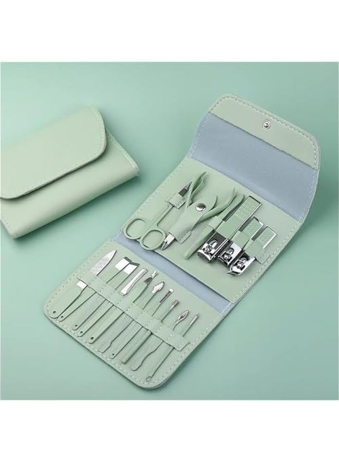 HOOKOR Manicure Set 16 in 1 Stainless Steel, Professional Manicure Kit Nail Clippers Set,Portable Travel Grooming Kit for Men and Women with Green Leather Travel Case (23-3) - Image 2
