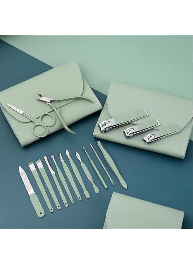 HOOKOR Manicure Set 16 in 1 Stainless Steel, Professional Manicure Kit Nail Clippers Set,Portable Travel Grooming Kit for Men and Women with Green Leather Travel Case (23-3) - Image 3