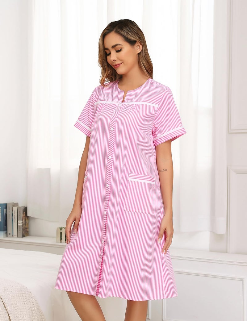 YOZLY House Dress Womens Cotton House Dress Snap Front Short Sleeve with Pockets, Stripe Pink, Medium - Image 3