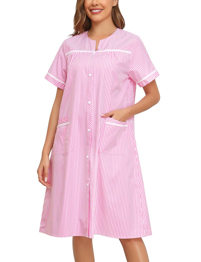 YOZLY House Dress Womens Cotton House Dress Snap Front Short Sleeve with Pockets, Stripe Pink, Medium - Image 2