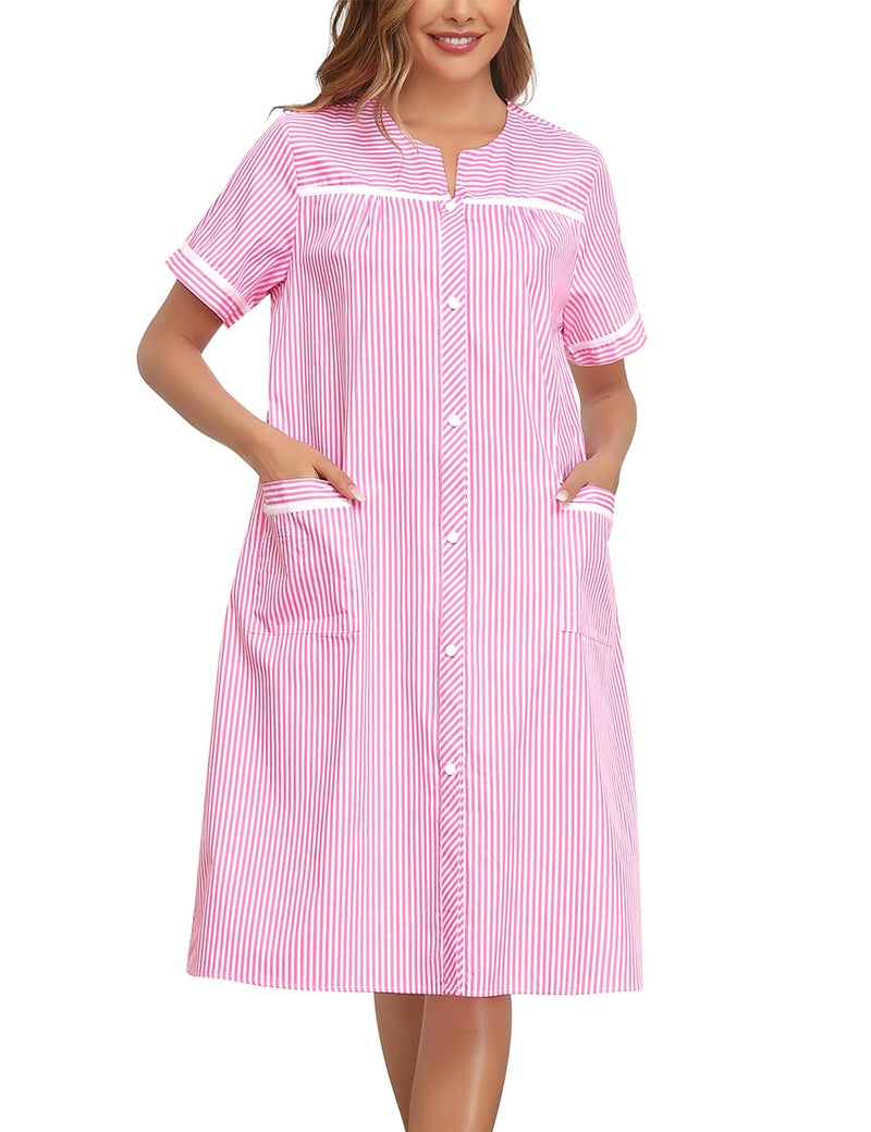 YOZLY House Dress Womens Cotton House Dress Snap Front Short Sleeve with Pockets, Stripe Pink, Medium - Image 1