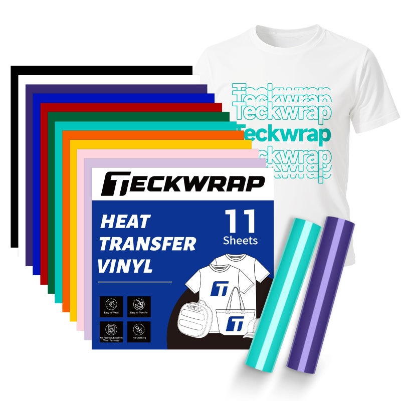 TECKWRAP Heat Transfer Vinyl Bundle, 11 Pack 12â€ x 12â€ PU HTV Sheets â€“ Iron-On Vinyl for T-Shirts, Hats & Bags, Easy Cut & Weed, Heat Press & Home Iron Compatible - Image 1