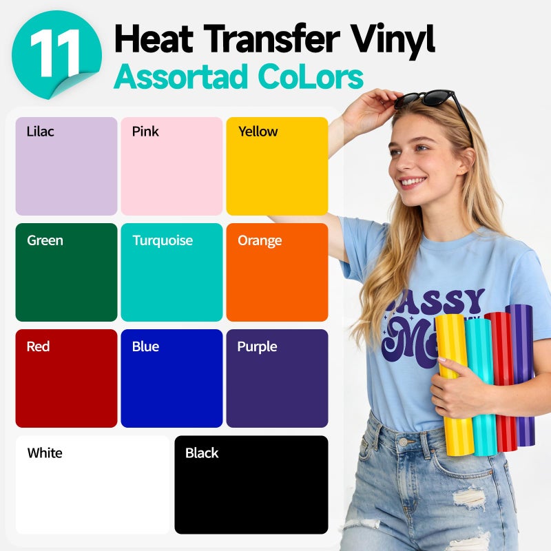 TECKWRAP Heat Transfer Vinyl Bundle, 11 Pack 12â€ x 12â€ PU HTV Sheets â€“ Iron-On Vinyl for T-Shirts, Hats & Bags, Easy Cut & Weed, Heat Press & Home Iron Compatible - Image 2