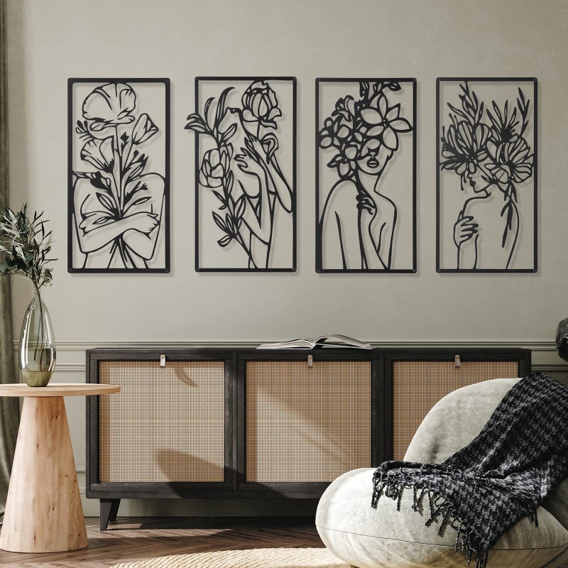 Cindeer 4 Pcs Metal Minimalist Abstract Woman Wall Art Line Drawing Minimalist Single Line Art Female Home Hanging Wall Art Decor for Bedroom Kitchen Bathroom Living Room 