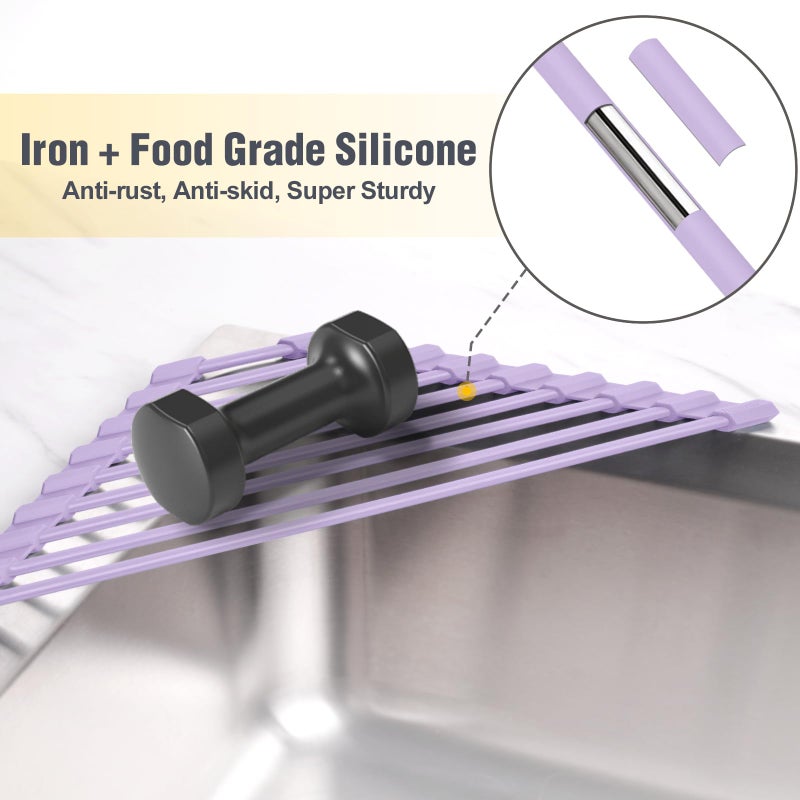 Tomorotec Compact Silicone-Coated Triangle Dish Drying Rack for Sink Corner - Foldable Stainless Steel Over-The-Sink Organizer and Storage Shelf (Light Purple) - Image 3