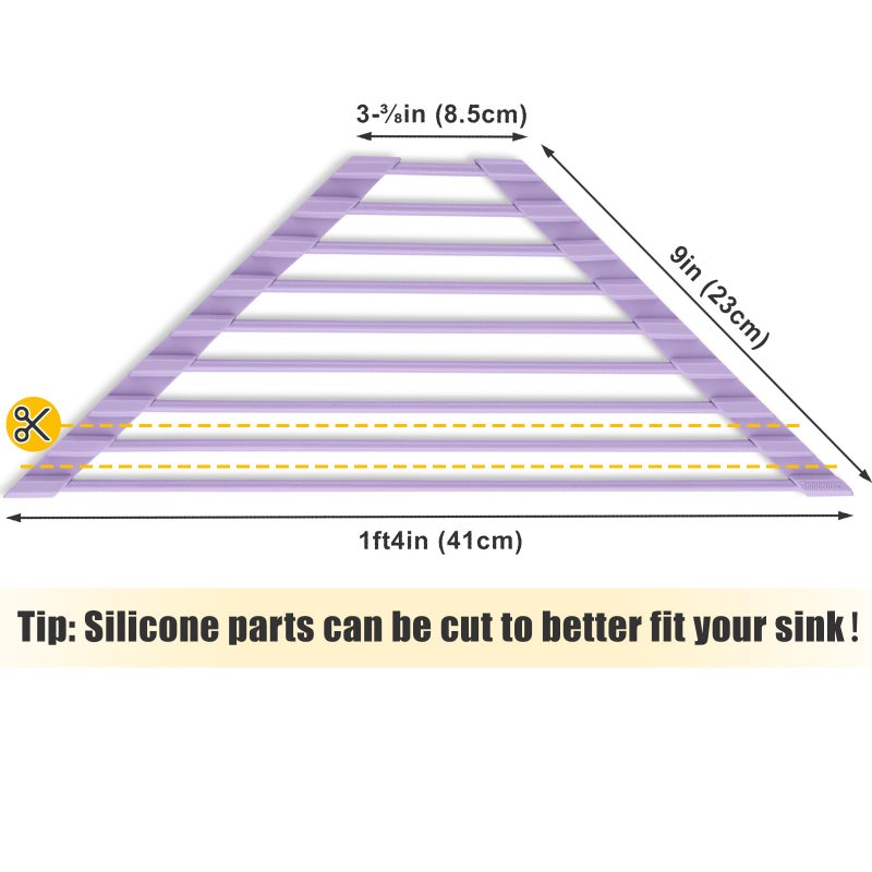 Tomorotec Compact Silicone-Coated Triangle Dish Drying Rack for Sink Corner - Foldable Stainless Steel Over-The-Sink Organizer and Storage Shelf (Light Purple) - Image 5