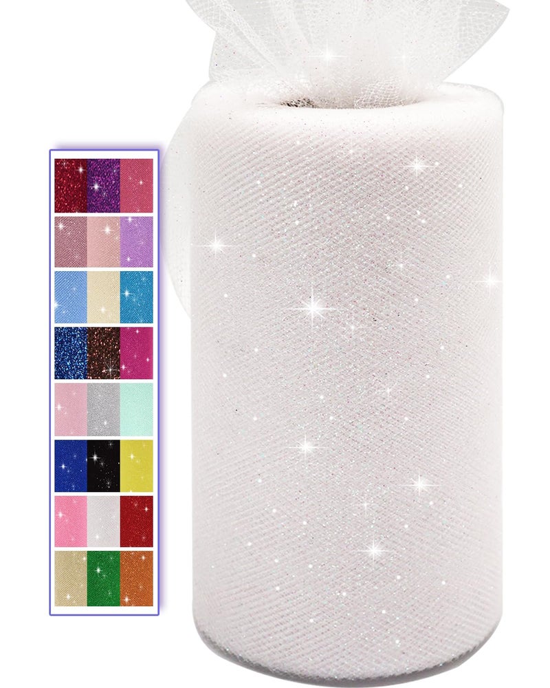 Ableme Deco Glitter Tulle Fabric Rolls, 6 Inch 50 Yards (150ft) Sparkling Spool Ribbon Sequin Netting for Tutu Skirt Gift Wrapping Wedding Party Decoration (White) - Image 1