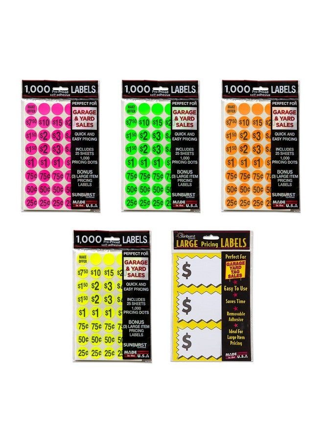 Sunburst Systems 7040 Priced Garage Sale Sticker 4000 Count Prepriced Labels W/Large Price Tags Color Sticker Dots Blank Price Stickers Yard Sale Stickers Yellow Pink Orange Green - Image 2